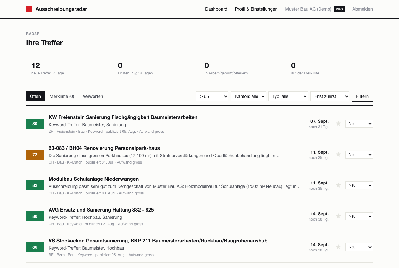 Dashboard: Trefferliste mit Match-Scores, Kantonen und Angebotsfristen