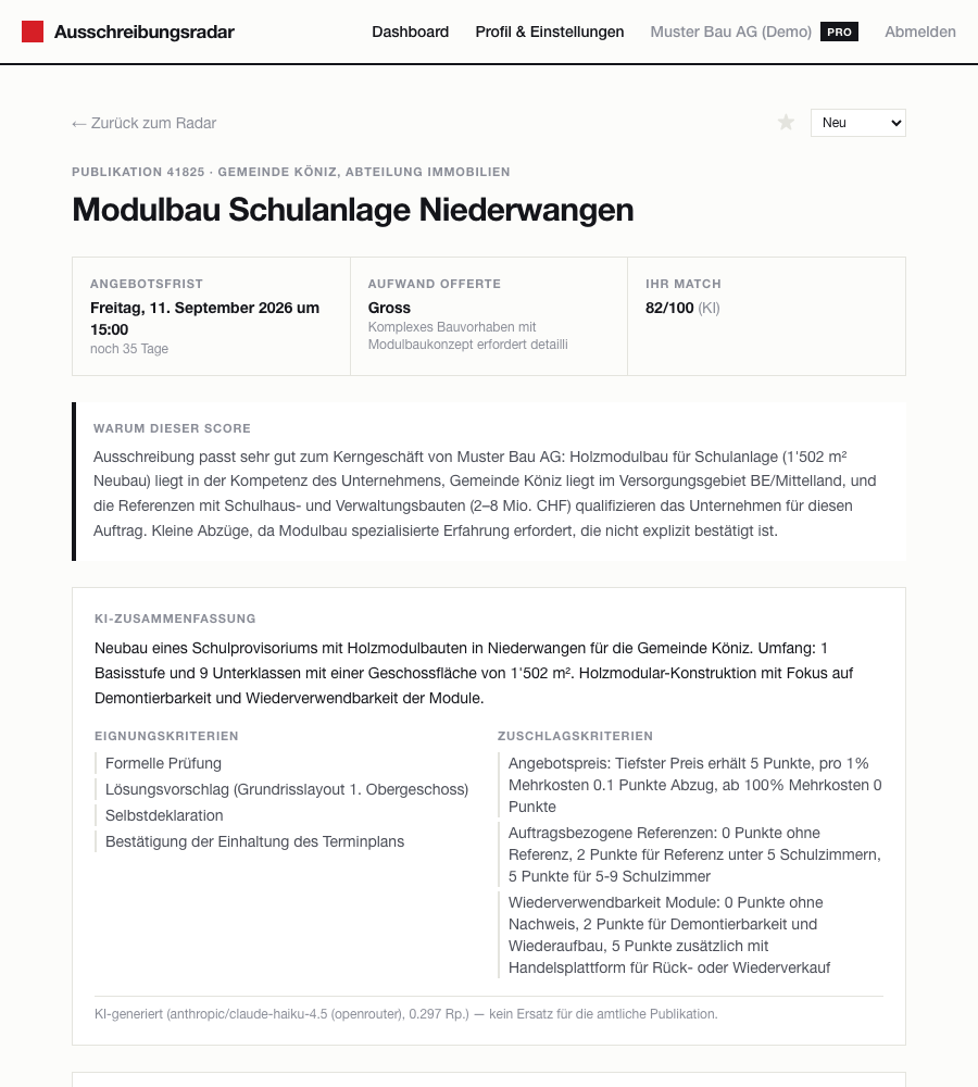 Detailseite: KI-Zusammenfassung mit Score-Begründung und Kriterien